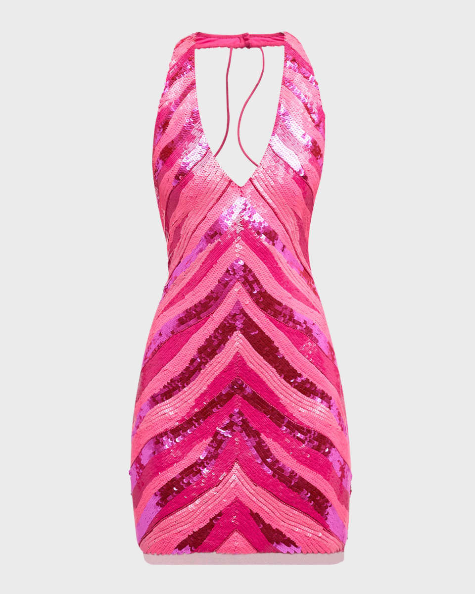 Backless Deep V-Neck Sequin Halter Mini Dress